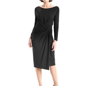 M.M. Lafleur Ruched Dress Keiko Black Asymmetric Stretch Quiet Luxury Career M
